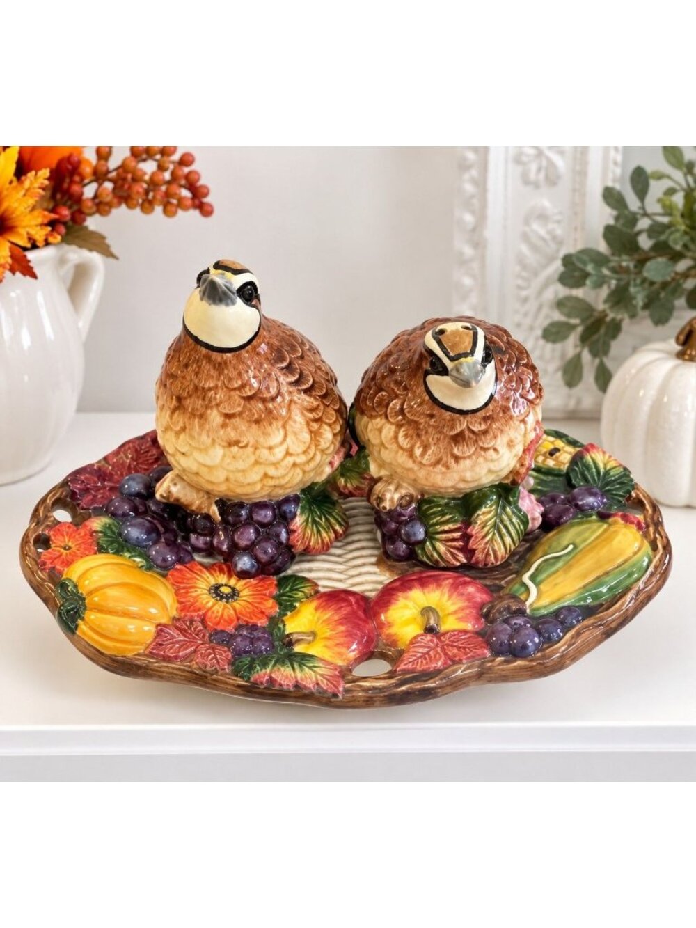 Fitz and Floyd 1997 Quail Salt Pepper Shakers Harvest Tray Fall Thanksgiving